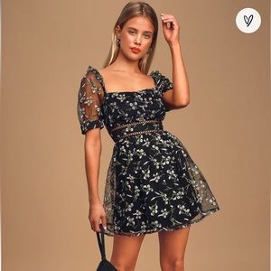 Lulus Radiant Love Black Floral Embroidered Short Sleeve Skater Dress
